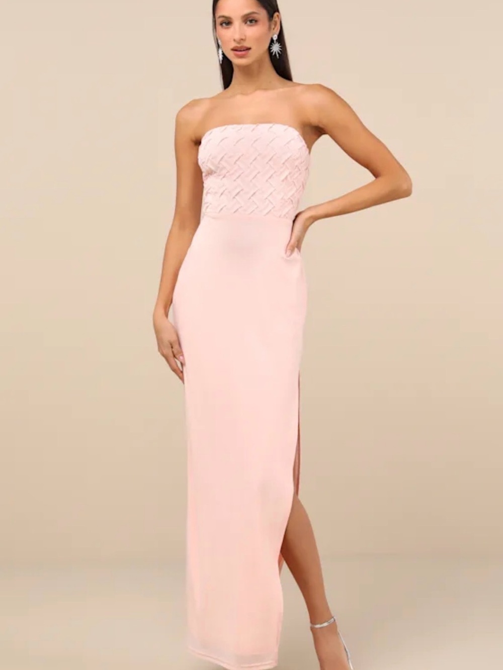 Lulus Stunning Concept Light Pink Mesh Rhinestone Strapless Maxi Dress Small New